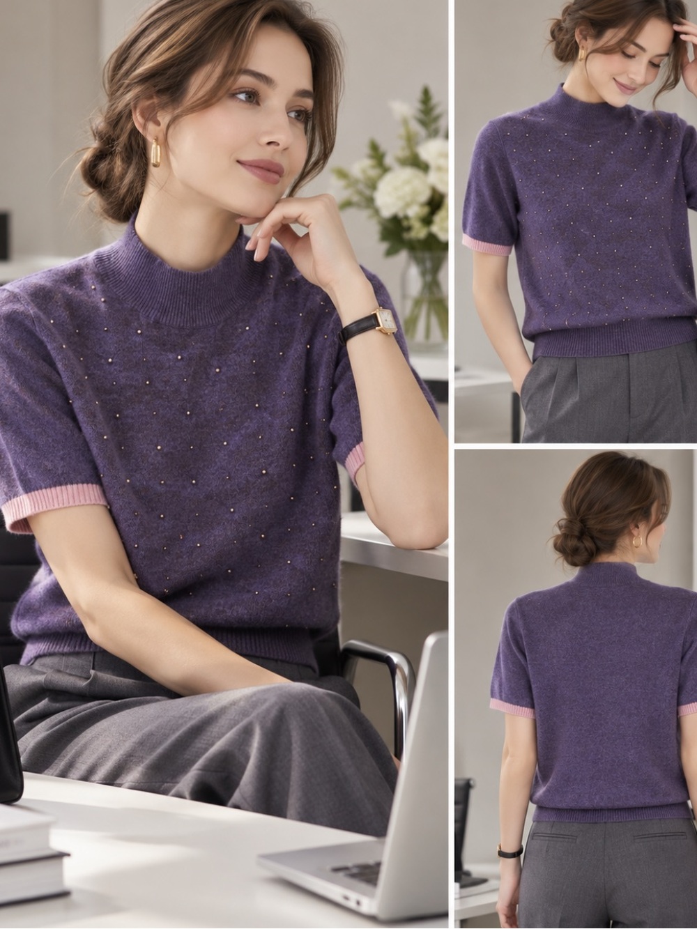 💯 Cashmere Purple Short-Sleeve Knit Top with Pink Trim